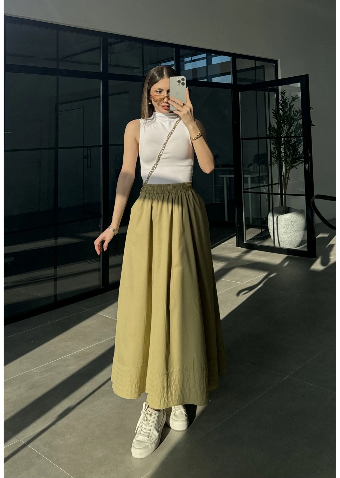 Poplin Kumaş Cepli Olive Etek