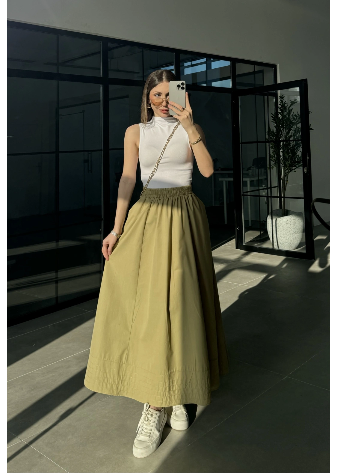 Poplin Kumaş Cepli Olive Etek