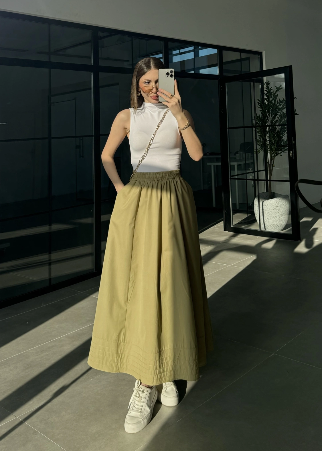 Poplin Kumaş Cepli Olive Etek