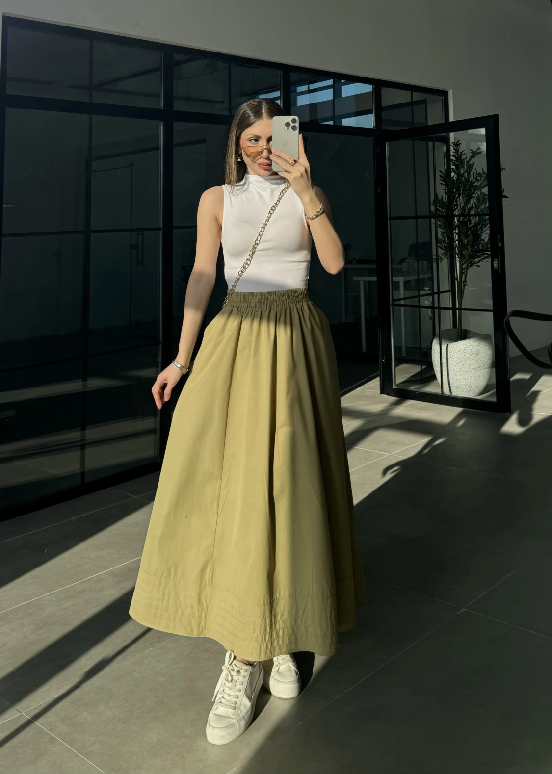 Poplin Kumaş Cepli Olive Etek