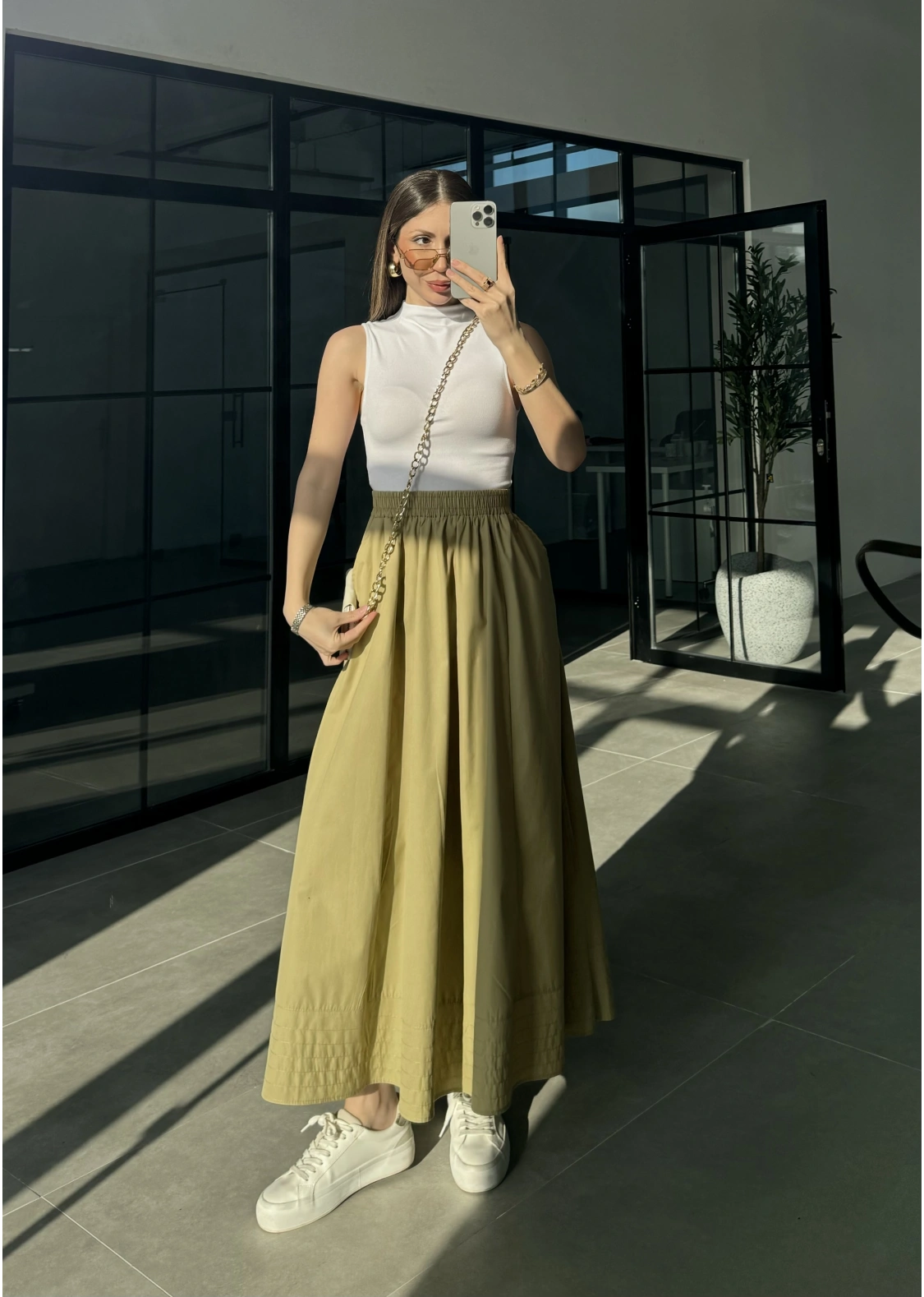 Poplin Kumaş Cepli Olive Etek