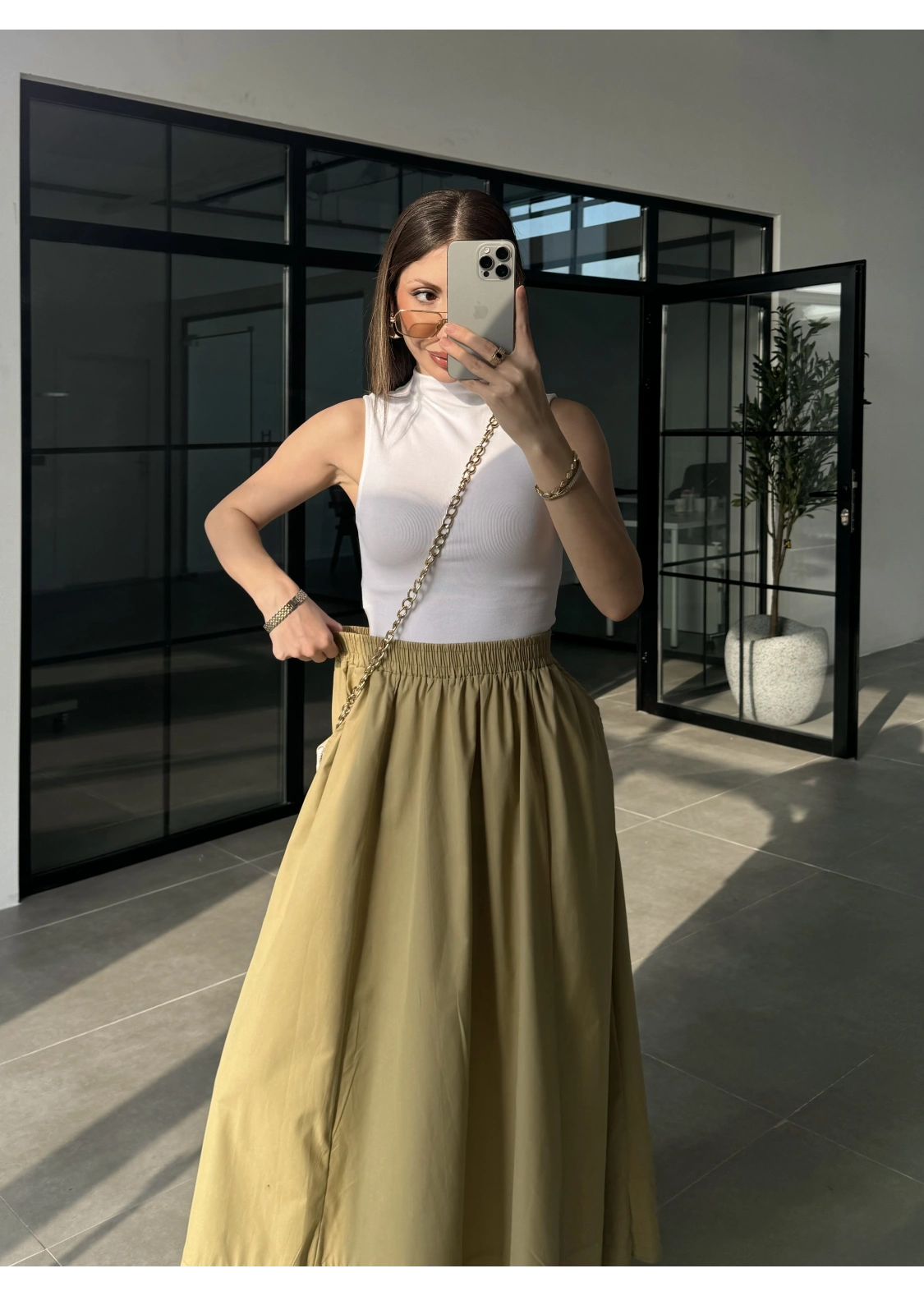 Poplin Kumaş Cepli Olive Etek