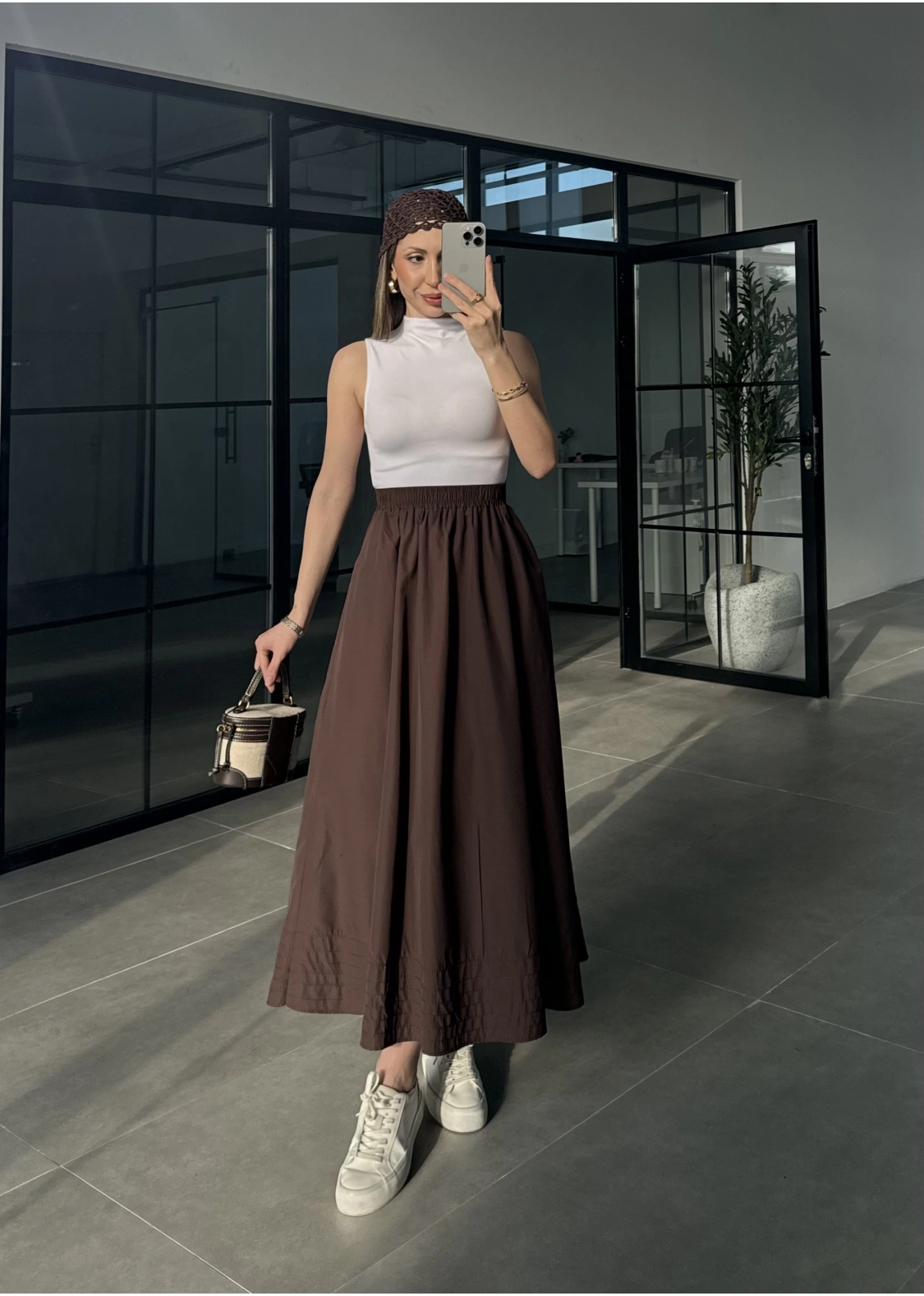 Poplin Kumaş Cepli Kahve Etek