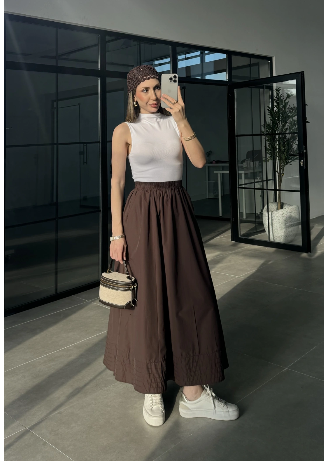 Poplin Kumaş Cepli Kahve Etek