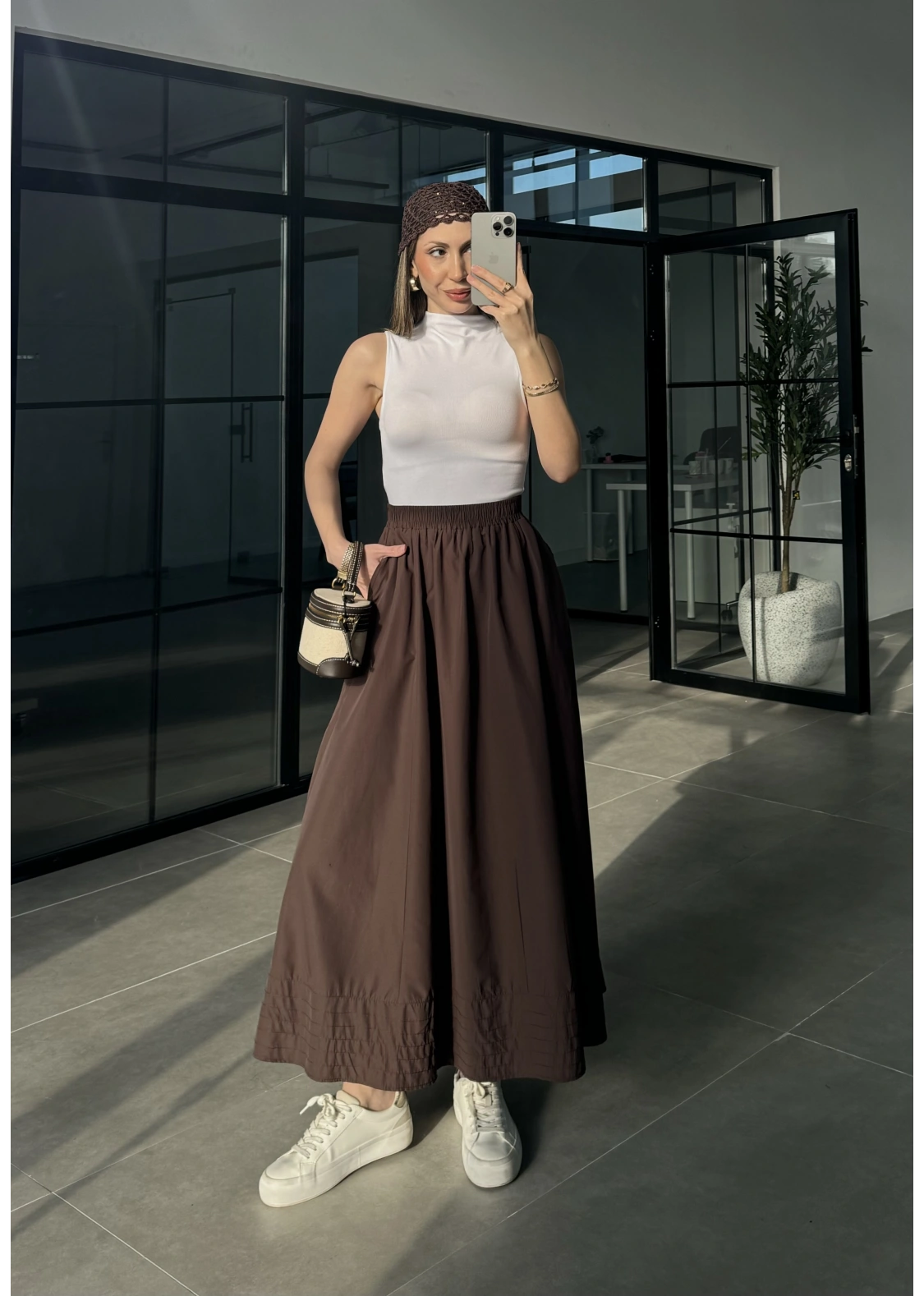 Poplin Kumaş Cepli Kahve Etek