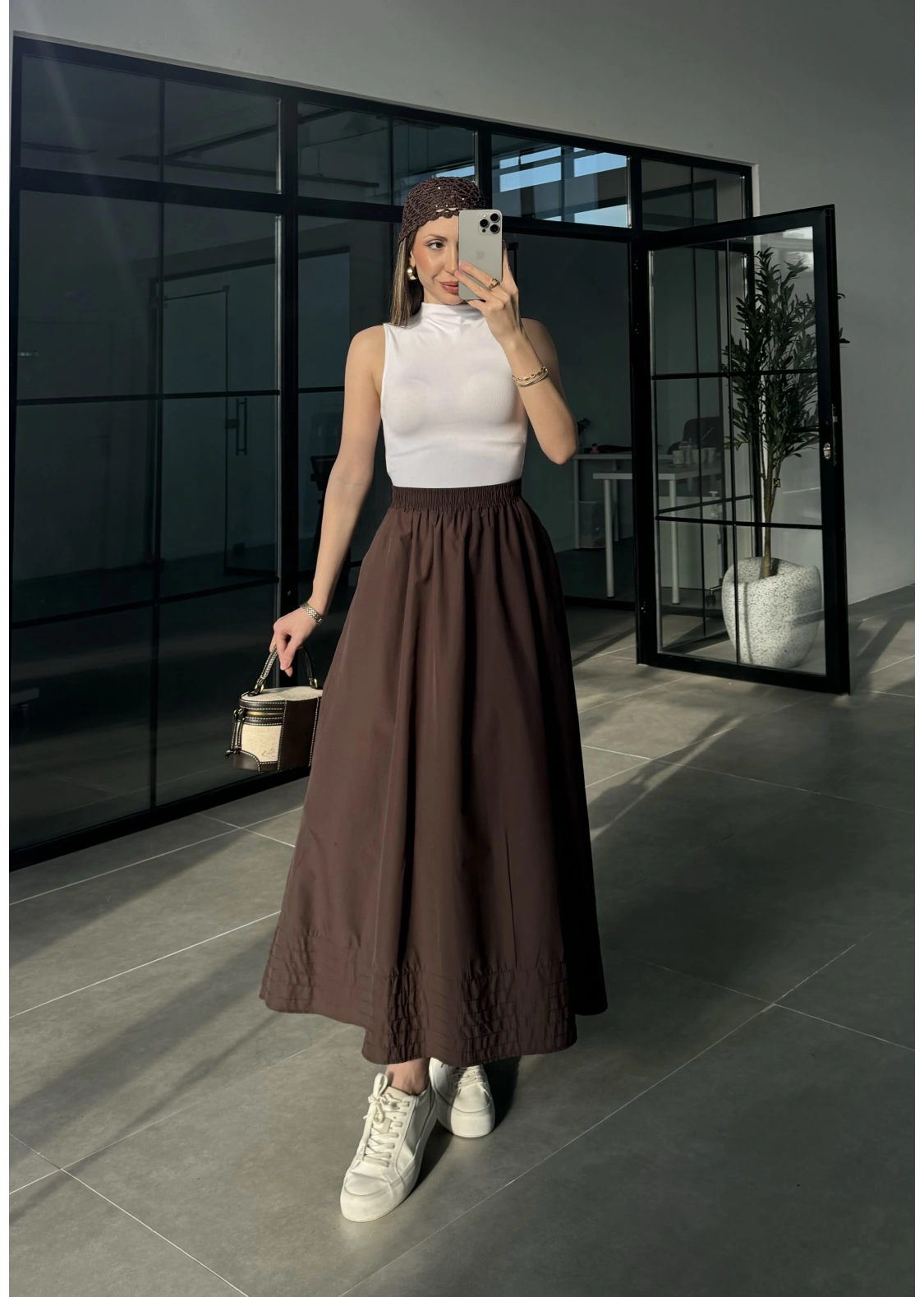 Poplin Kumaş Cepli Kahve Etek