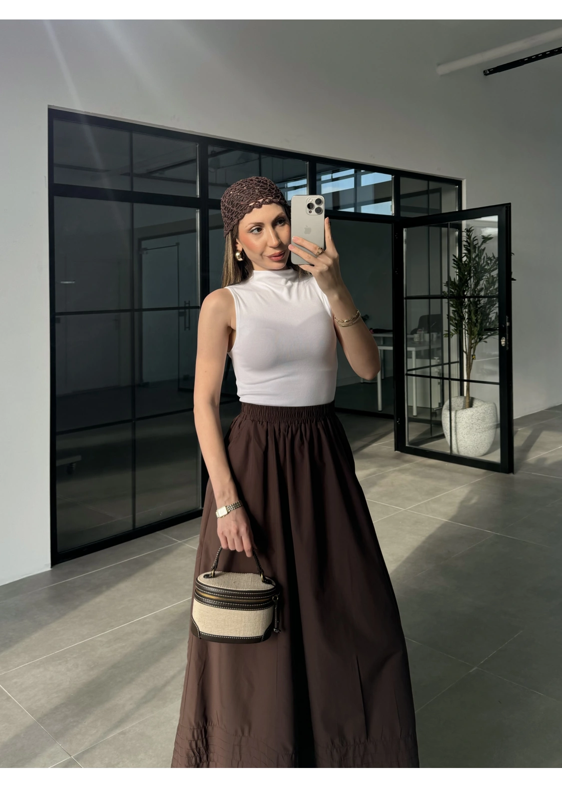 Poplin Kumaş Cepli Kahve Etek