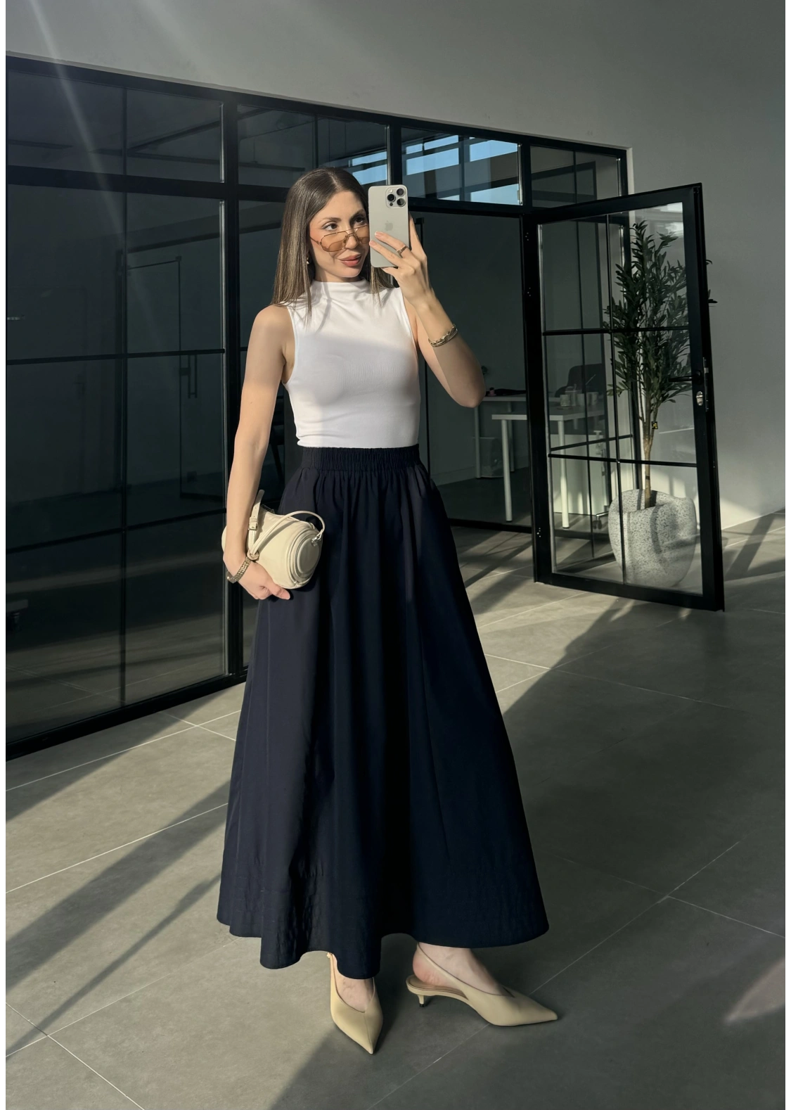 Poplin Kumaş Cepli Lacivert Etek