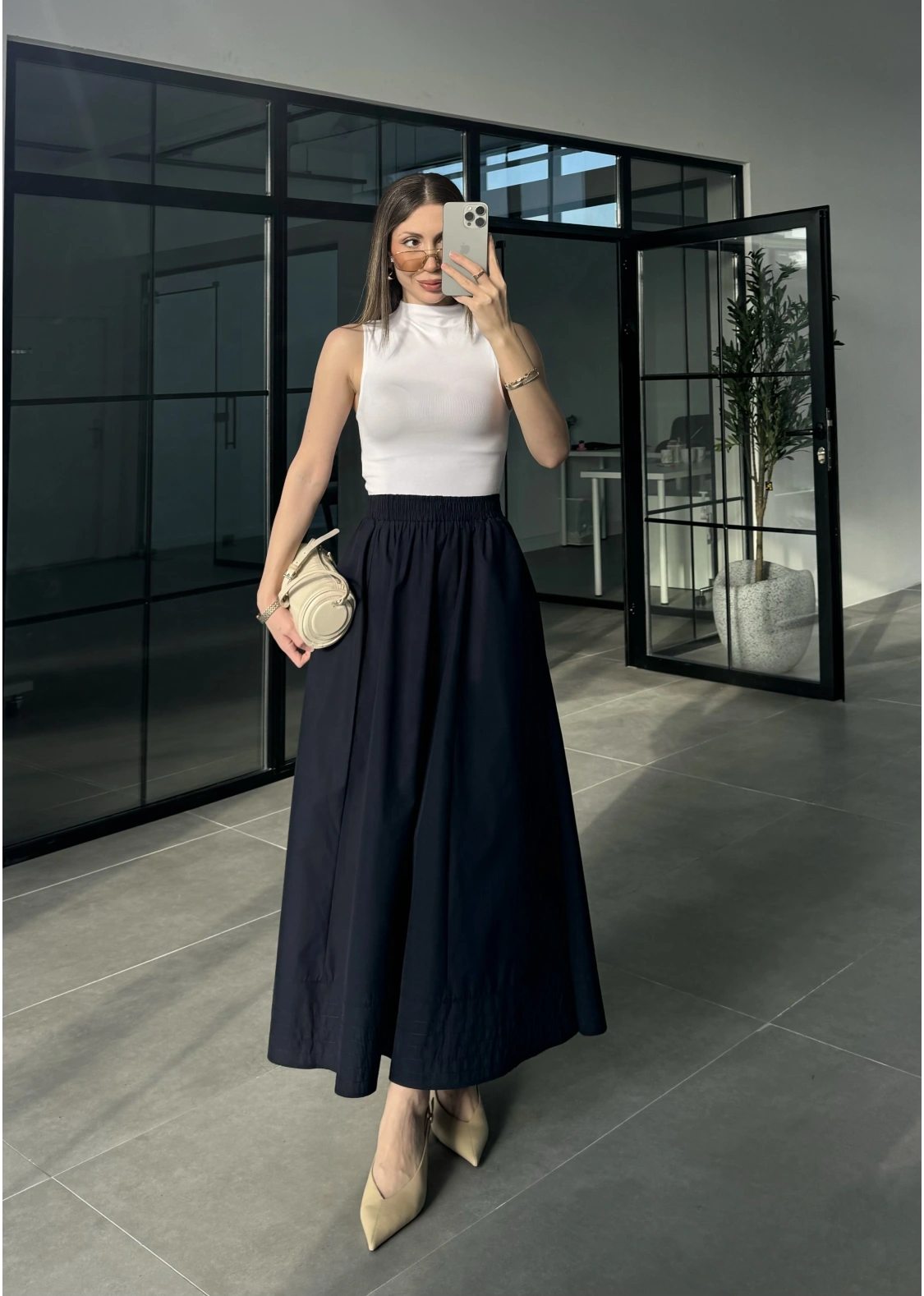 Poplin Kumaş Cepli Lacivert Etek