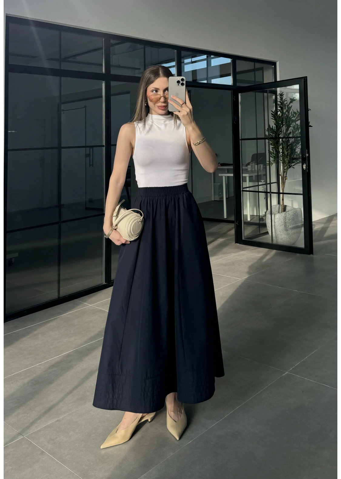 Poplin Kumaş Cepli Lacivert Etek