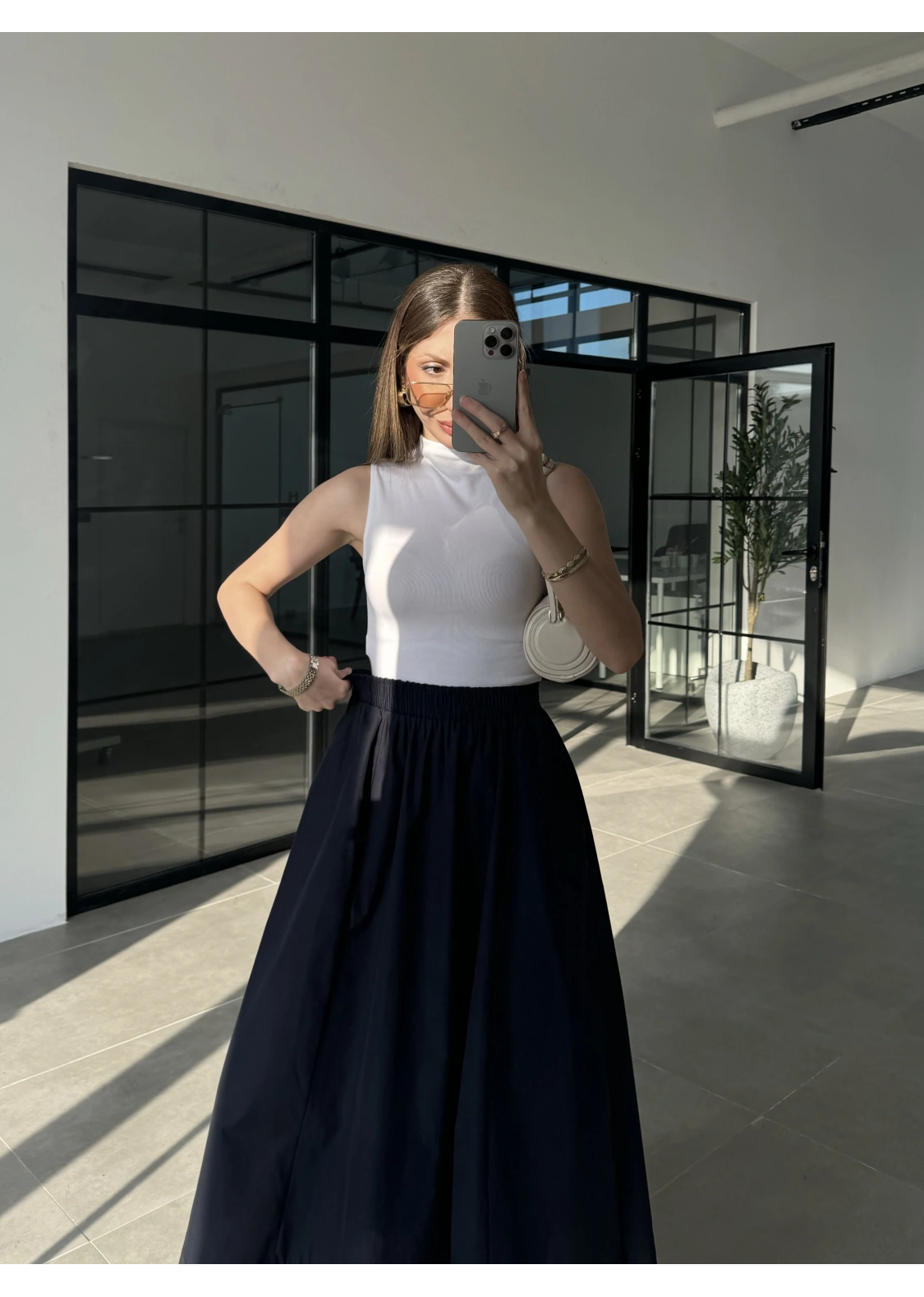 Poplin Kumaş Cepli Lacivert Etek