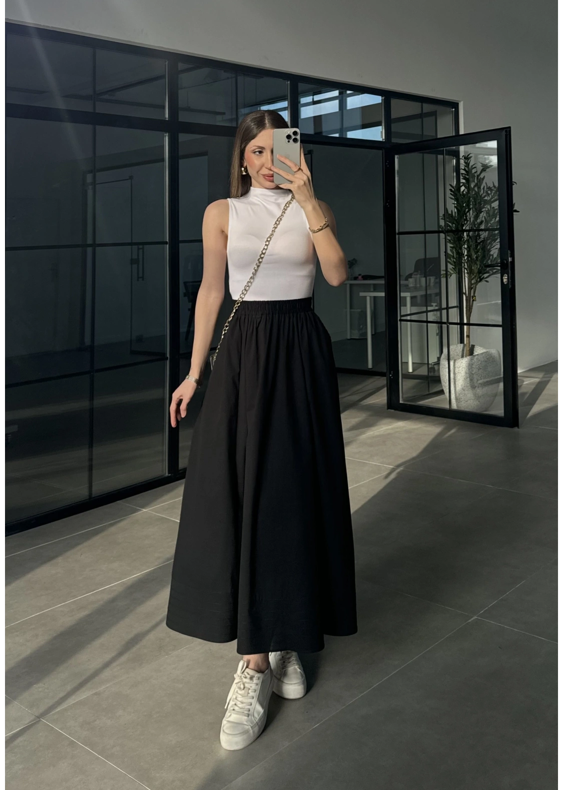 Poplin Kumaş Cepli Siyah Etek