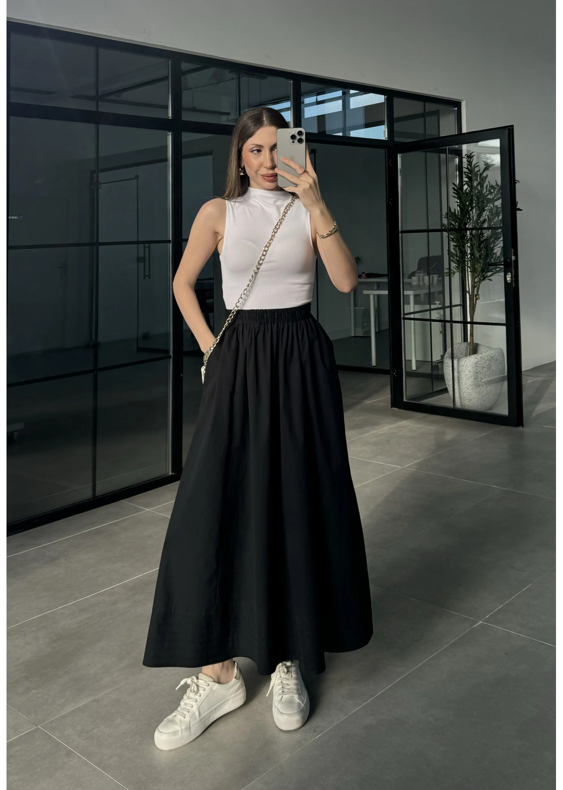 Poplin Kumaş Cepli Siyah Etek