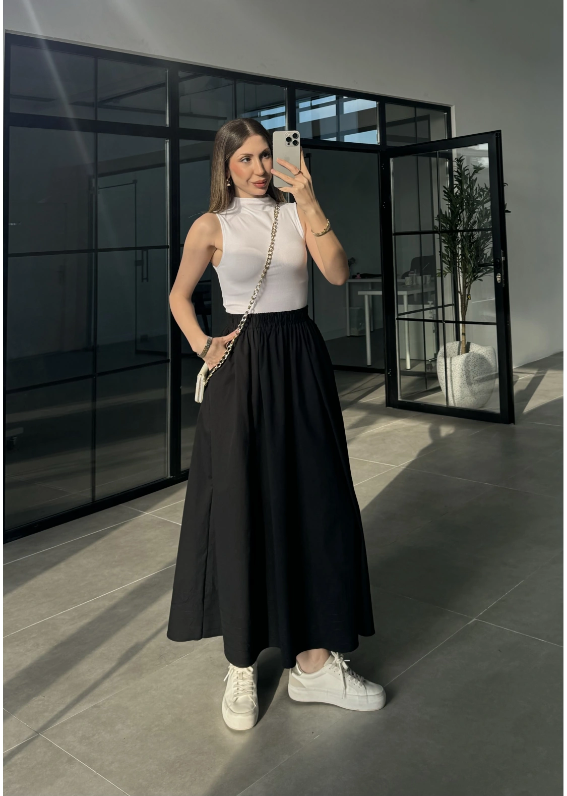 Poplin Kumaş Cepli Siyah Etek