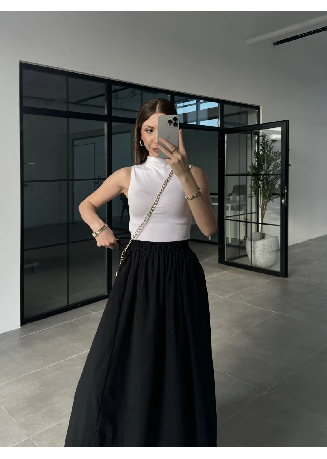 Poplin Kumaş Cepli Siyah Etek