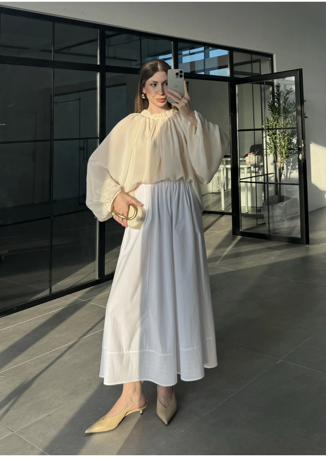 Poplin Kumaş Cepli Beyaz Etek