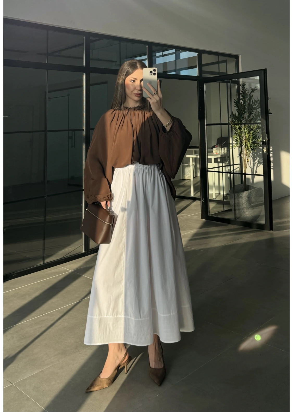 Poplin Kumaş Cepli Beyaz Etek