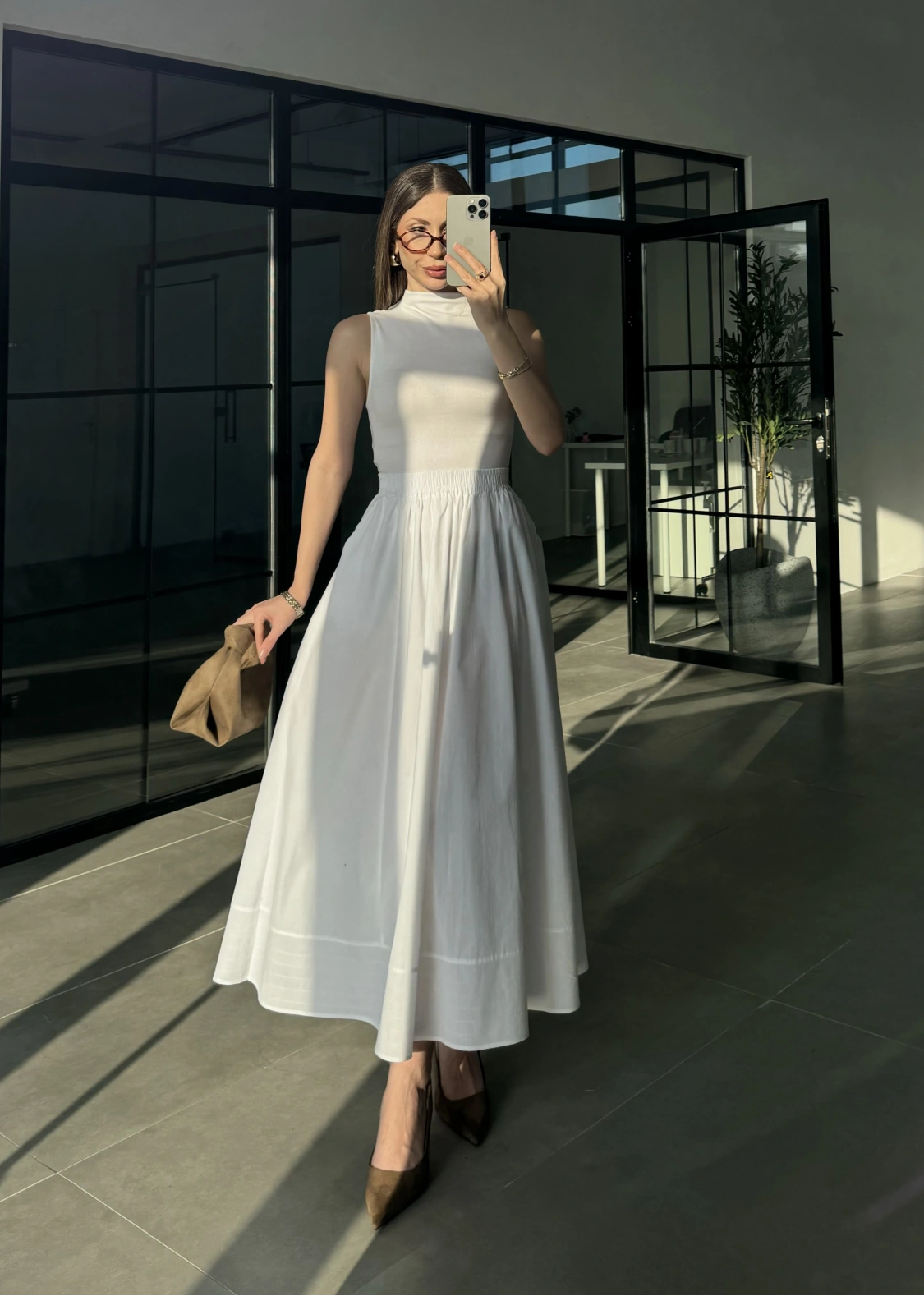 Poplin Kumaş Cepli Beyaz Etek