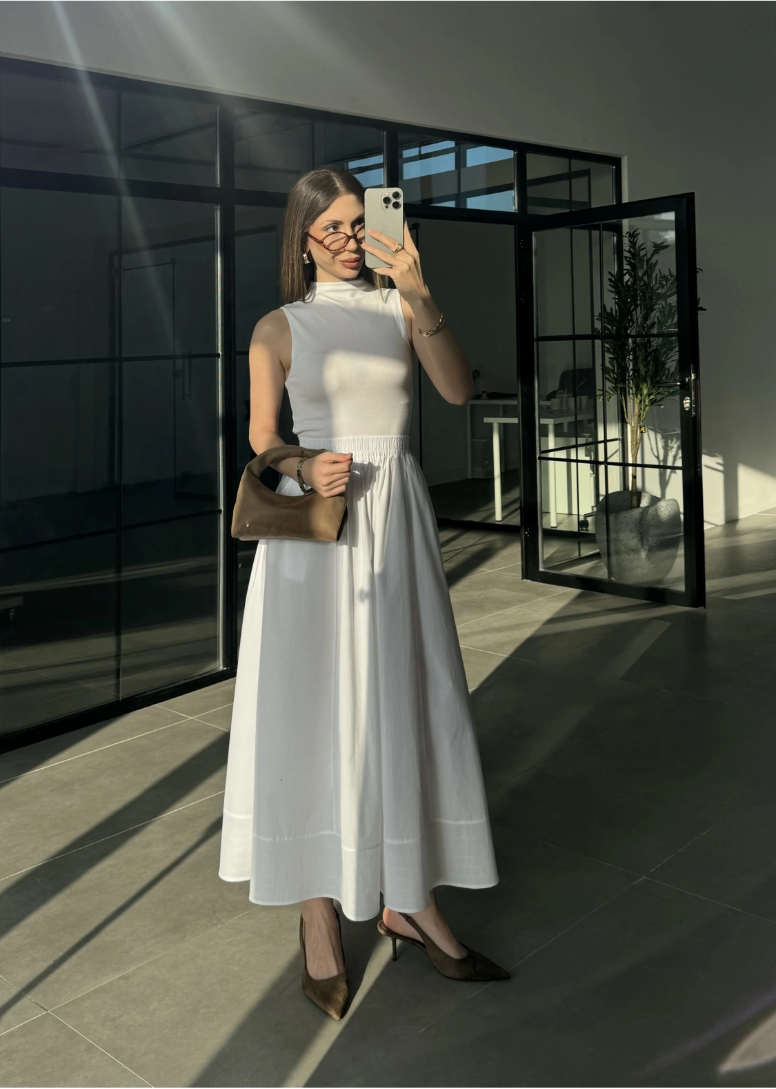 Poplin Kumaş Cepli Beyaz Etek