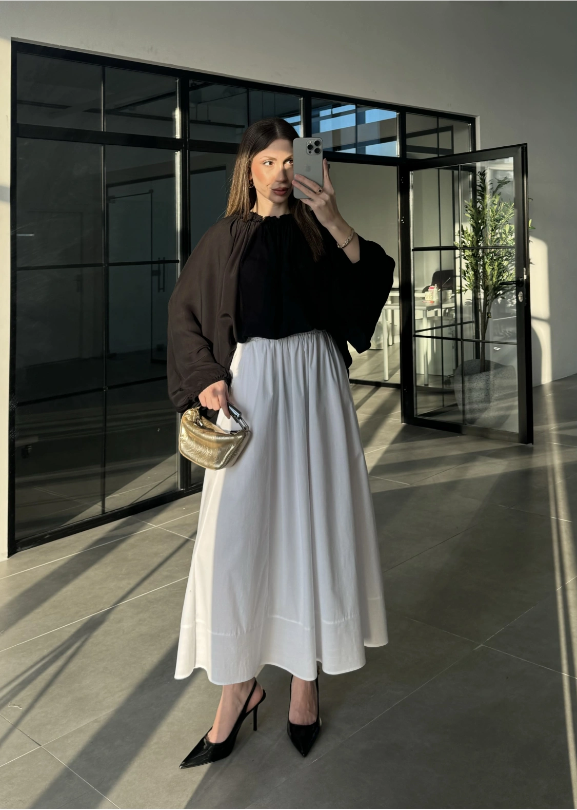 Poplin Kumaş Cepli Beyaz Etek