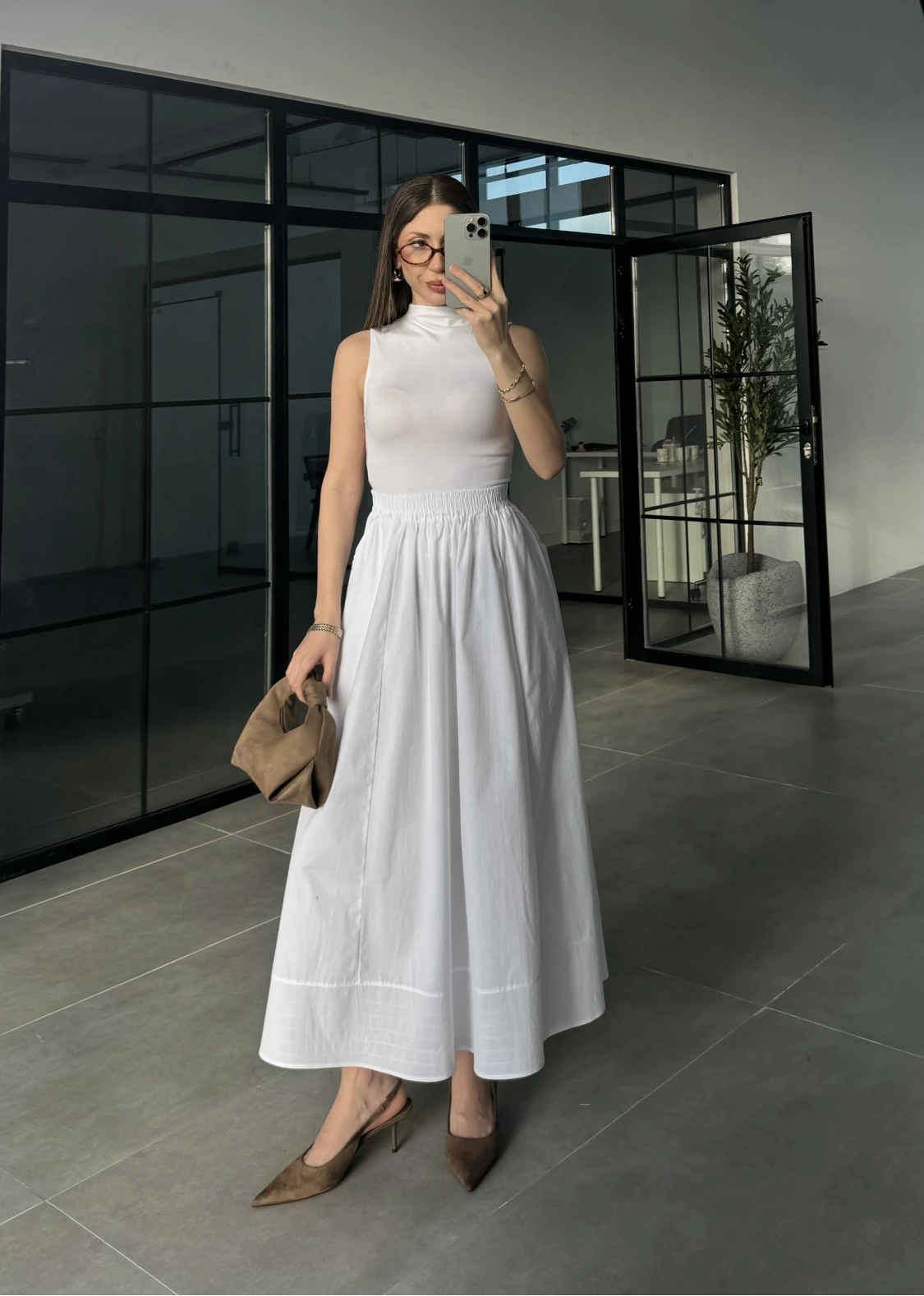 Poplin Kumaş Cepli Beyaz Etek