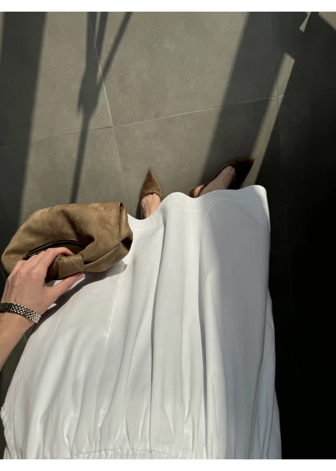 Poplin Kumaş Cepli Beyaz Etek