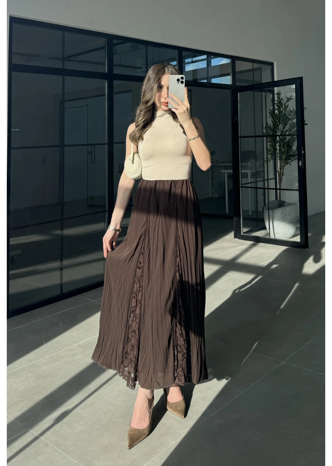 Güpürlü Astarlı Kahve Tül Etek