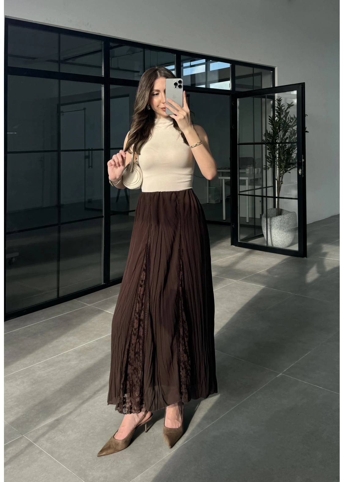 Güpürlü Astarlı Kahve Tül Etek