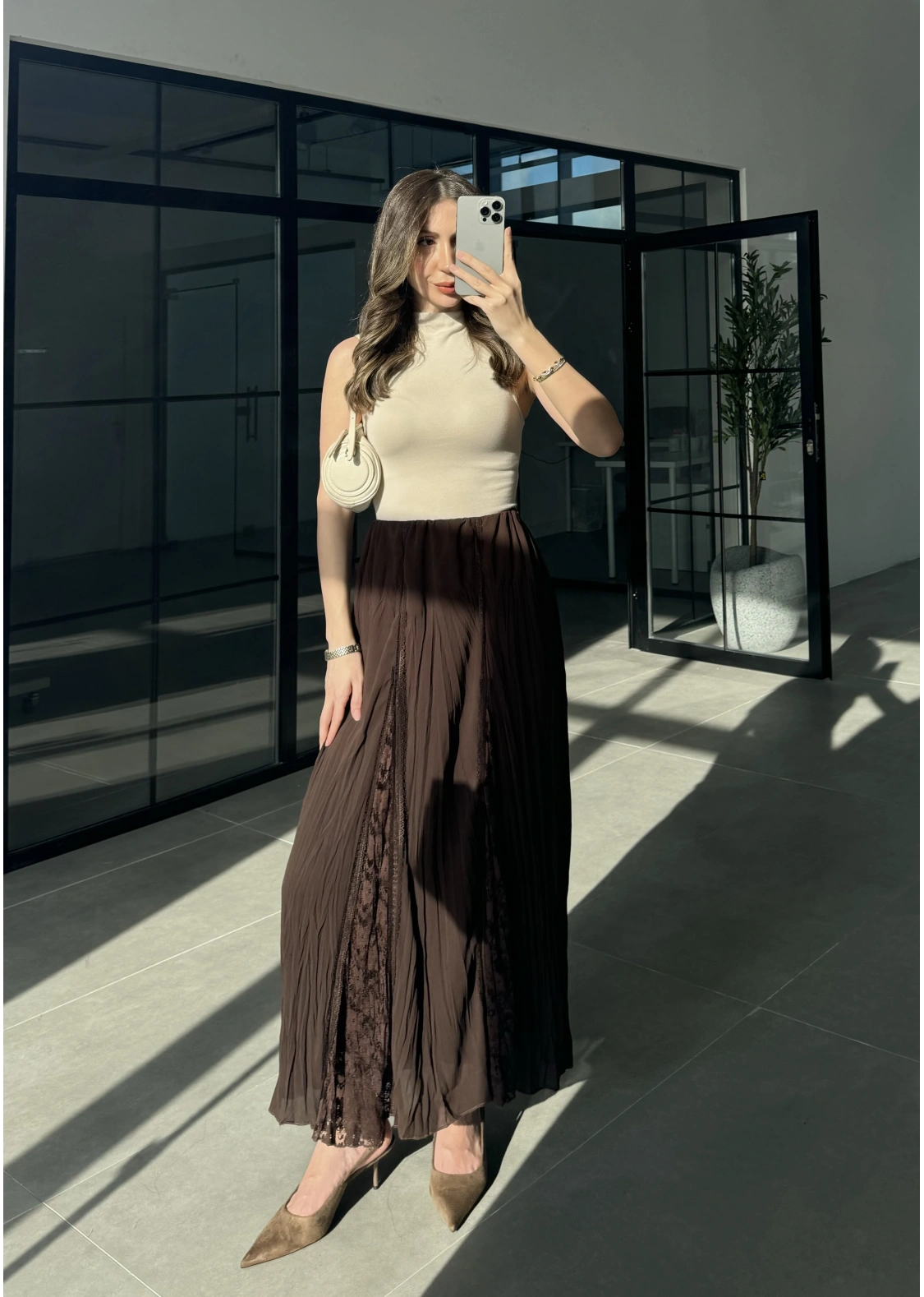 Güpürlü Astarlı Kahve Tül Etek