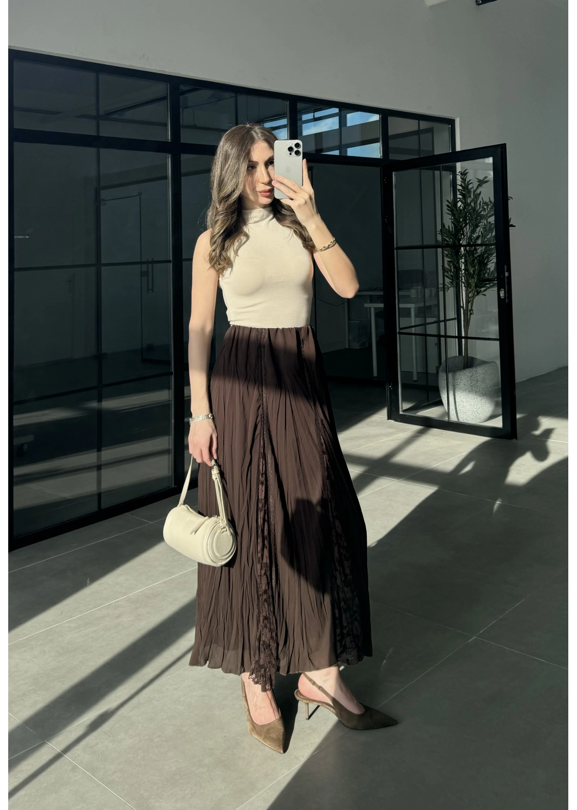 Güpürlü Astarlı Kahve Tül Etek