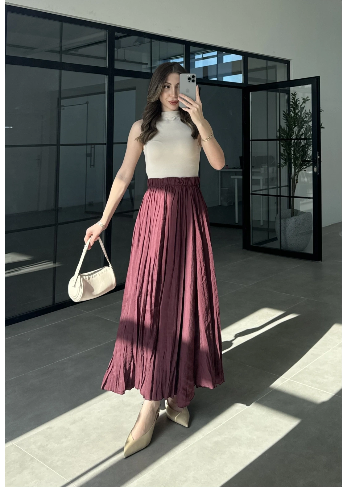 Beli Lastikli Bordo Tensel Kırışık Etek