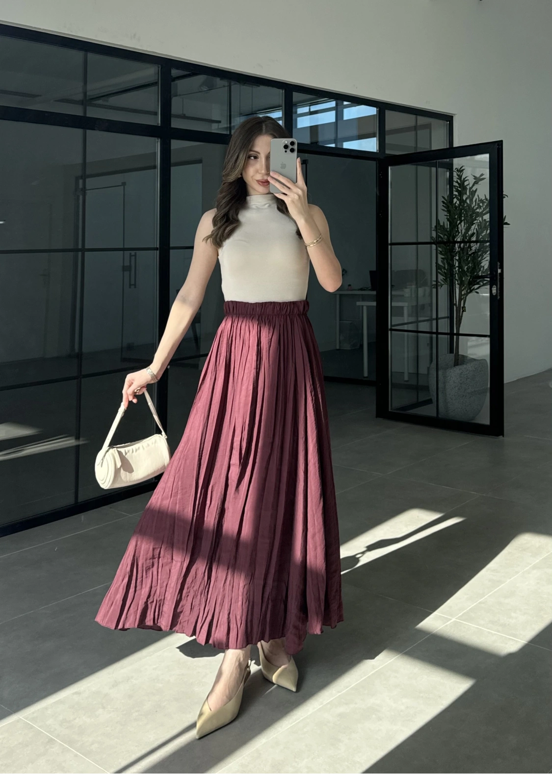 Beli Lastikli Bordo Tensel Kırışık Etek