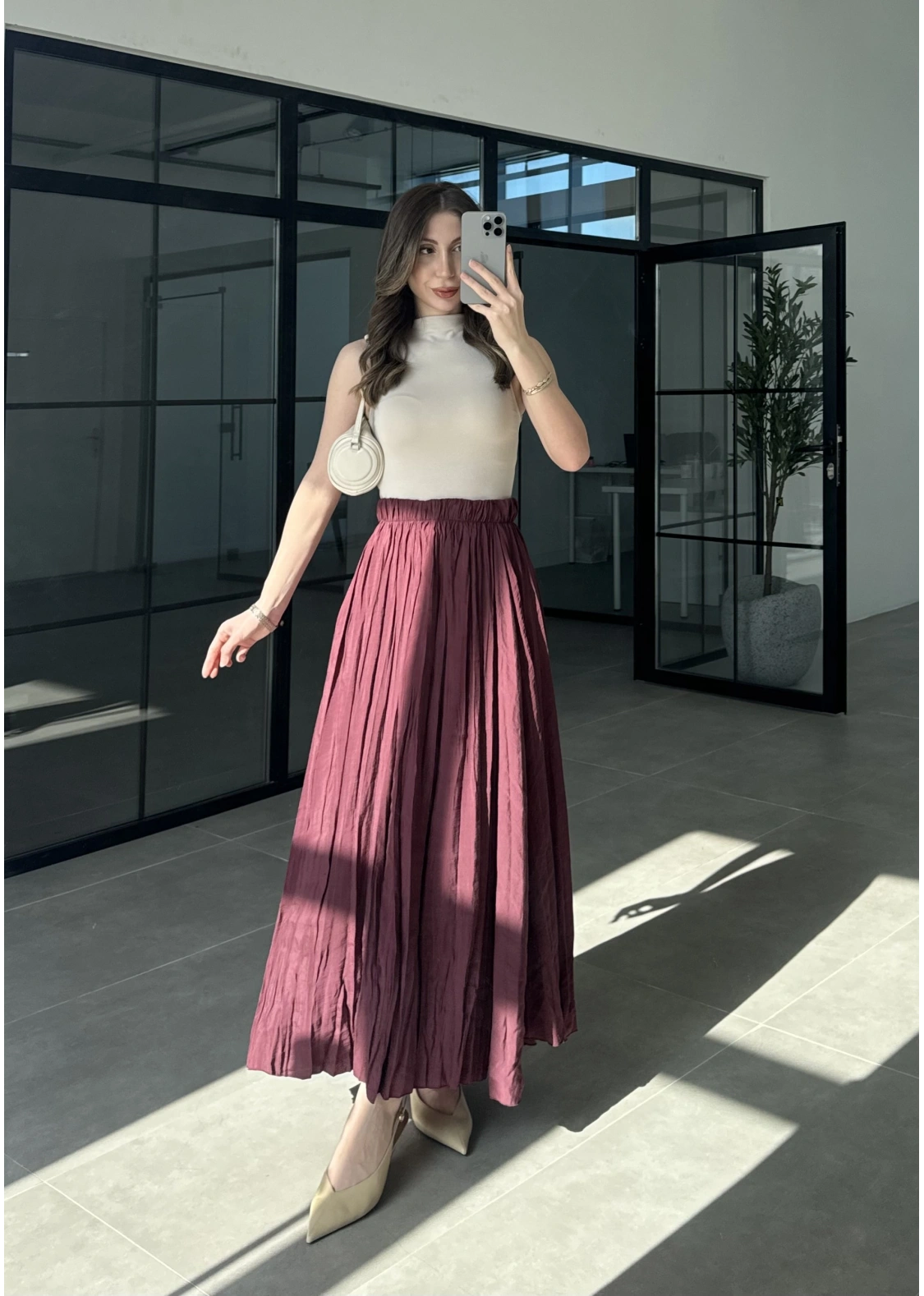 Beli Lastikli Bordo Tensel Kırışık Etek