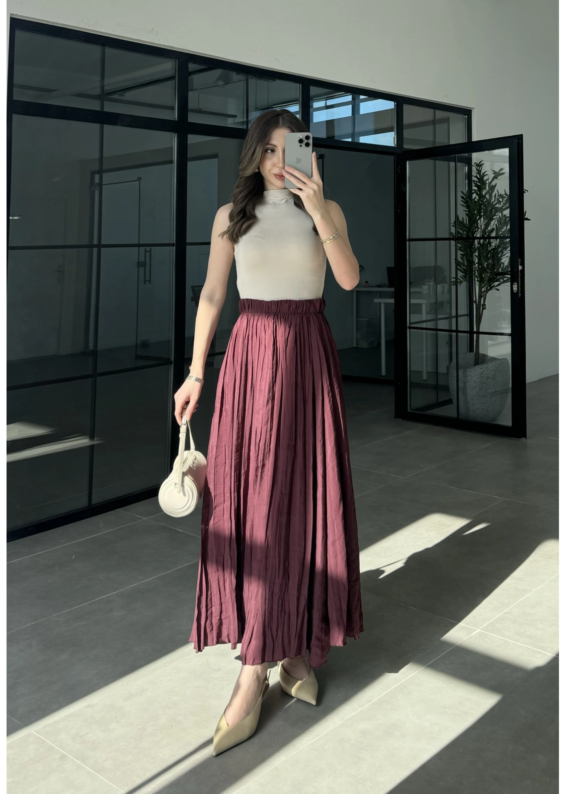 Beli Lastikli Bordo Tensel Kırışık Etek