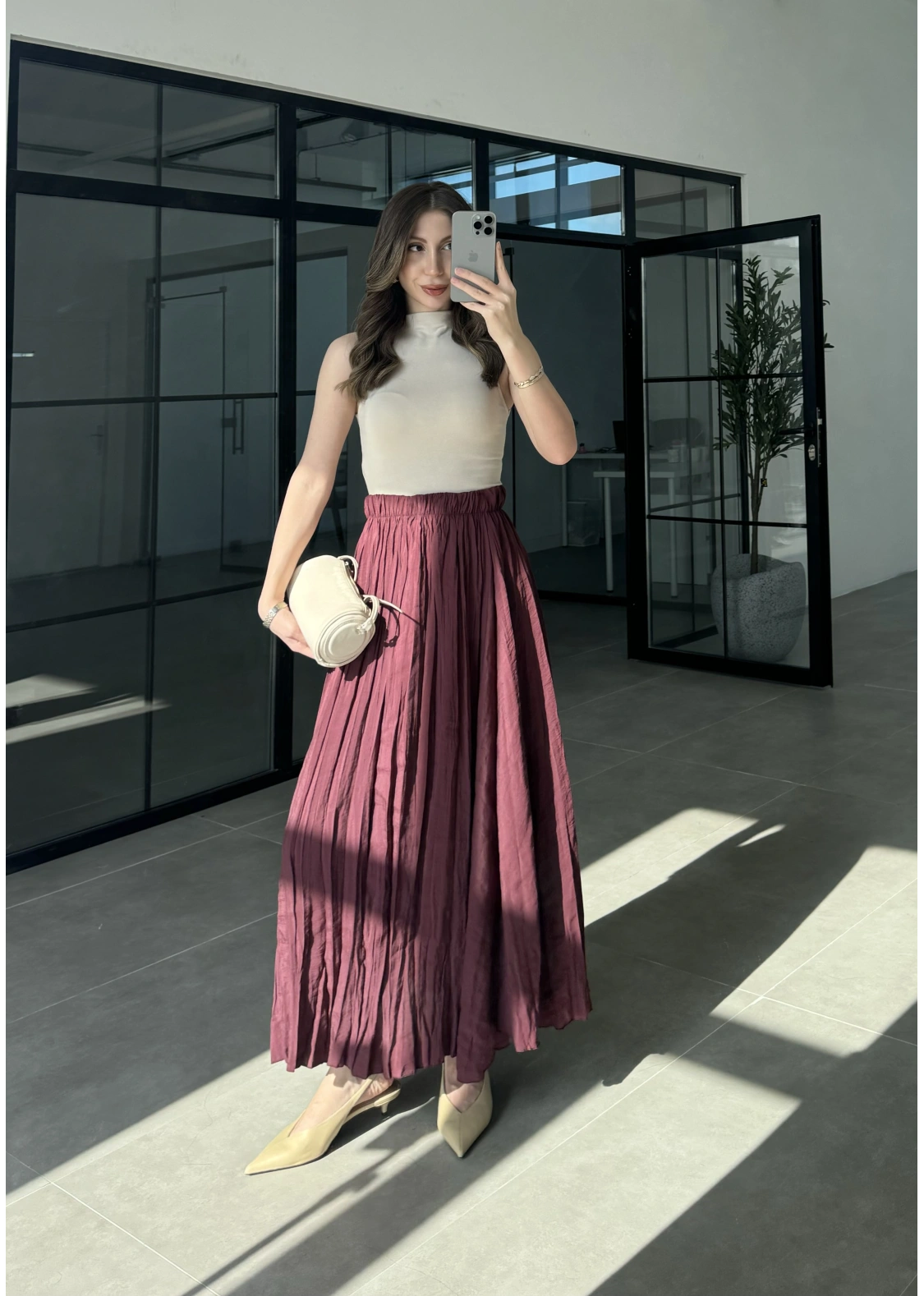 Beli Lastikli Bordo Tensel Kırışık Etek