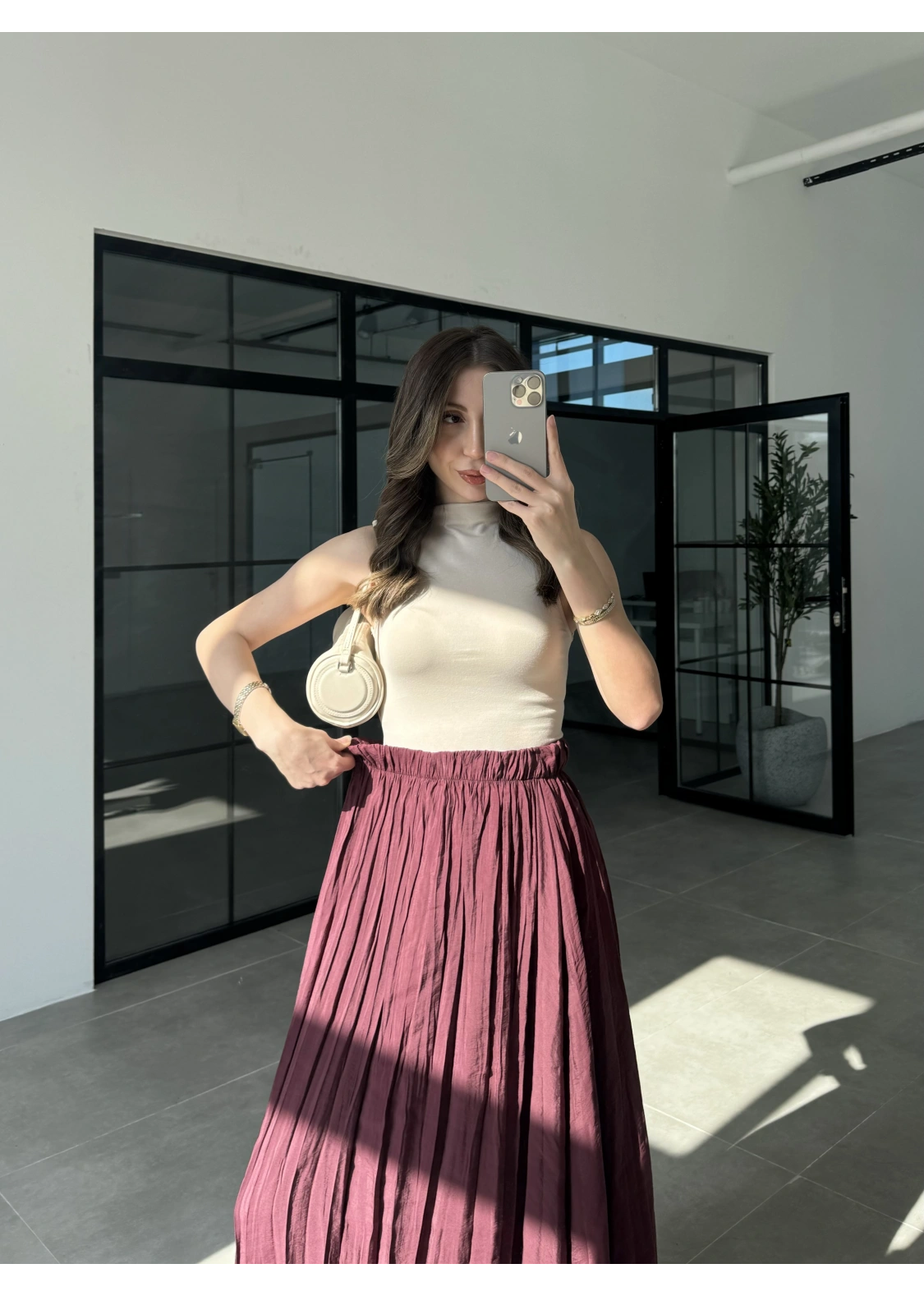 Beli Lastikli Bordo Tensel Kırışık Etek