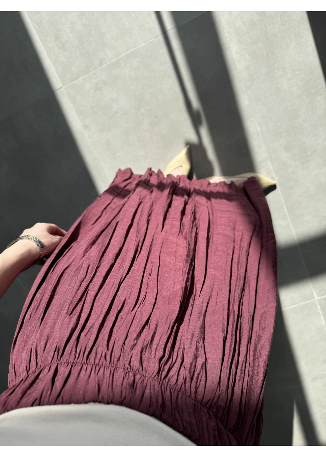 Beli Lastikli Bordo Tensel Kırışık Etek