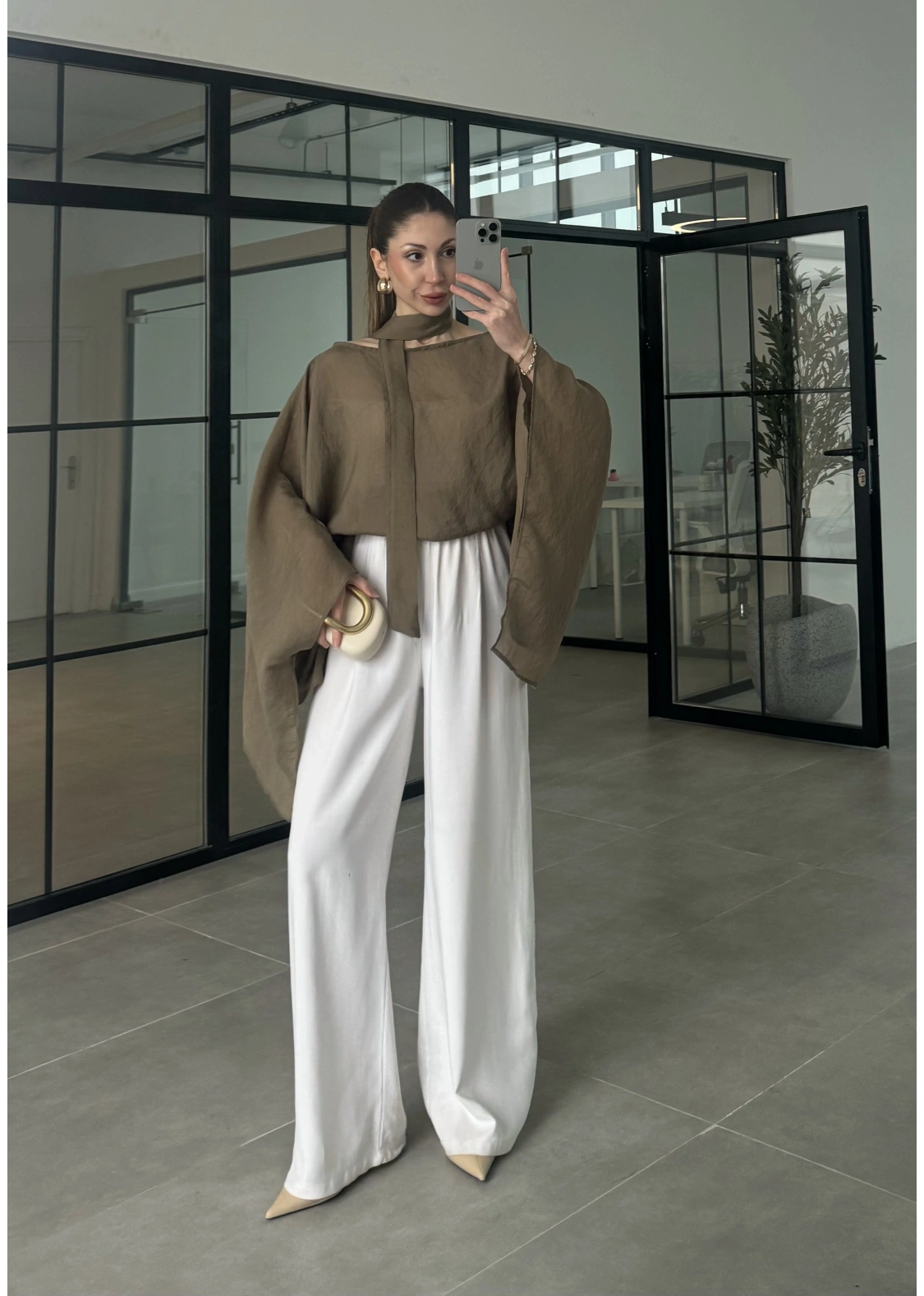 Fularlı Haki Pelerin Tül Bluz