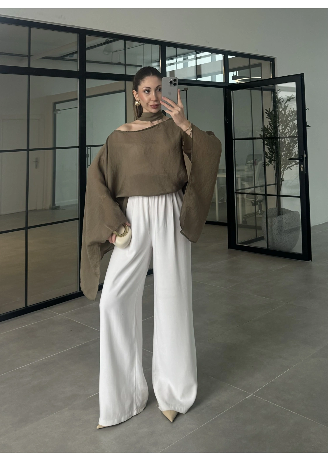 Fularlı Haki Pelerin Tül Bluz