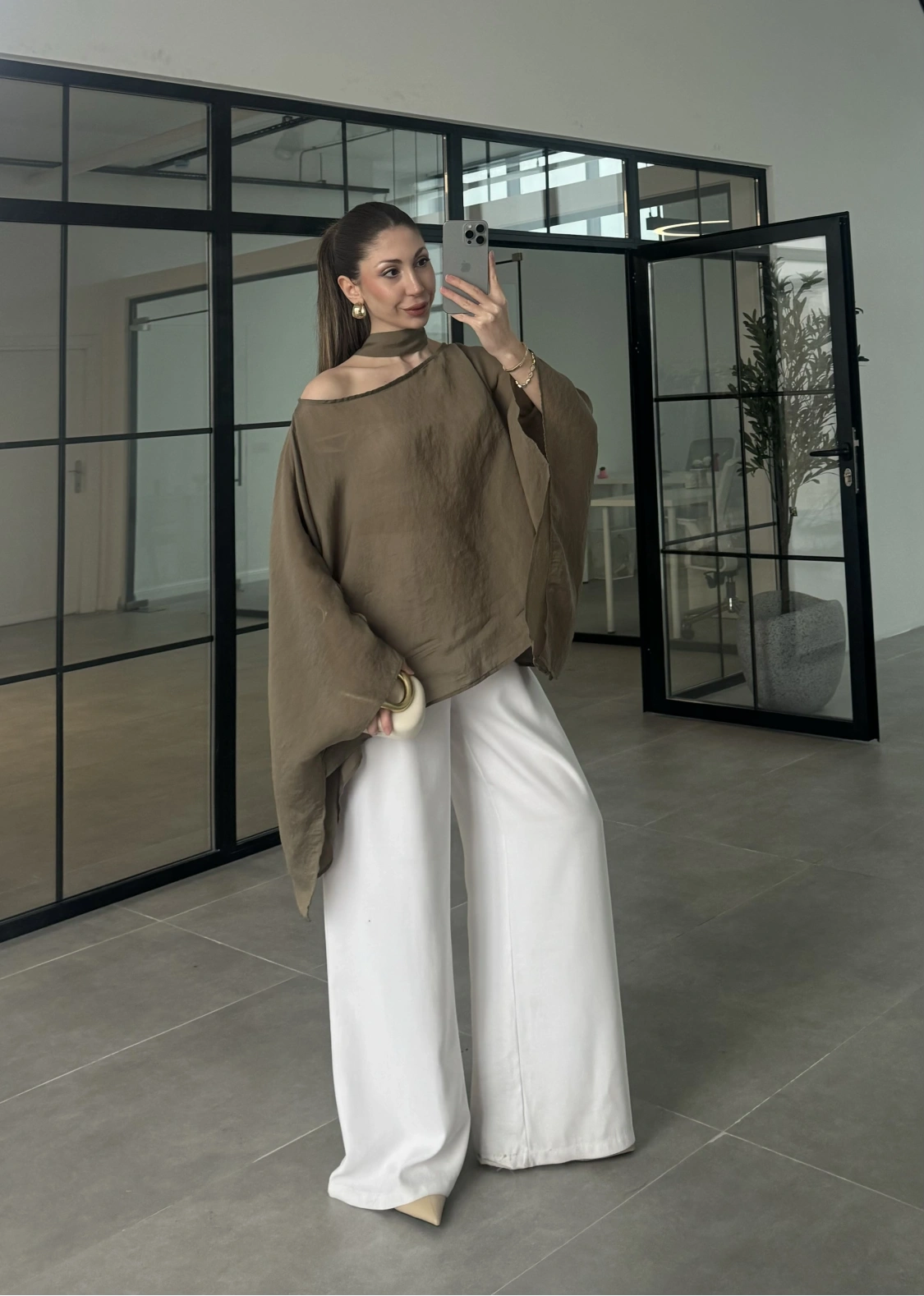 Fularlı Haki Pelerin Tül Bluz