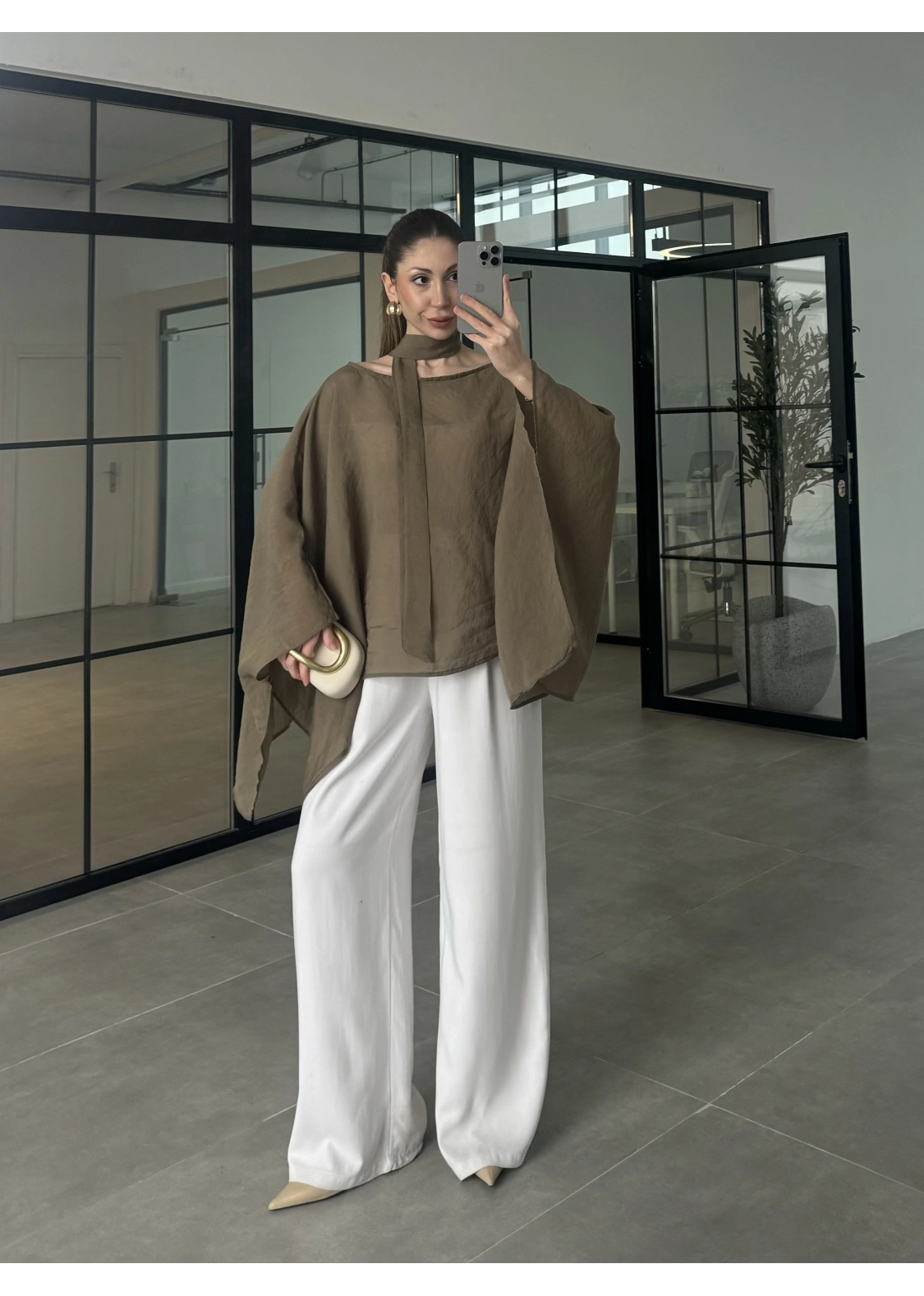 Fularlı Haki Pelerin Tül Bluz