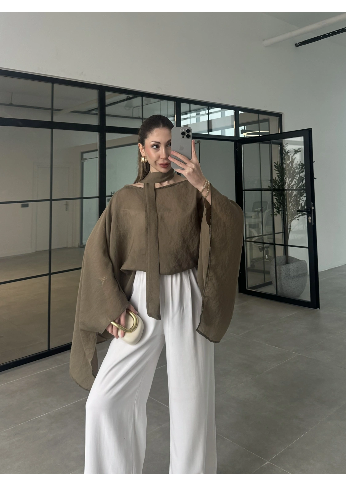 Fularlı Haki Pelerin Tül Bluz