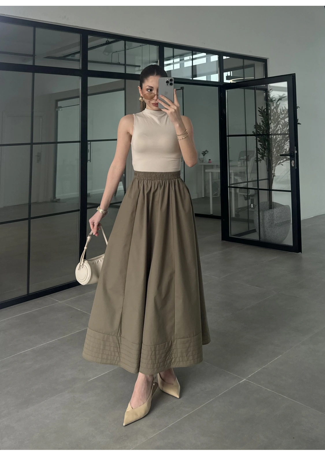 Poplin Kumaş Cepli Haki Etek