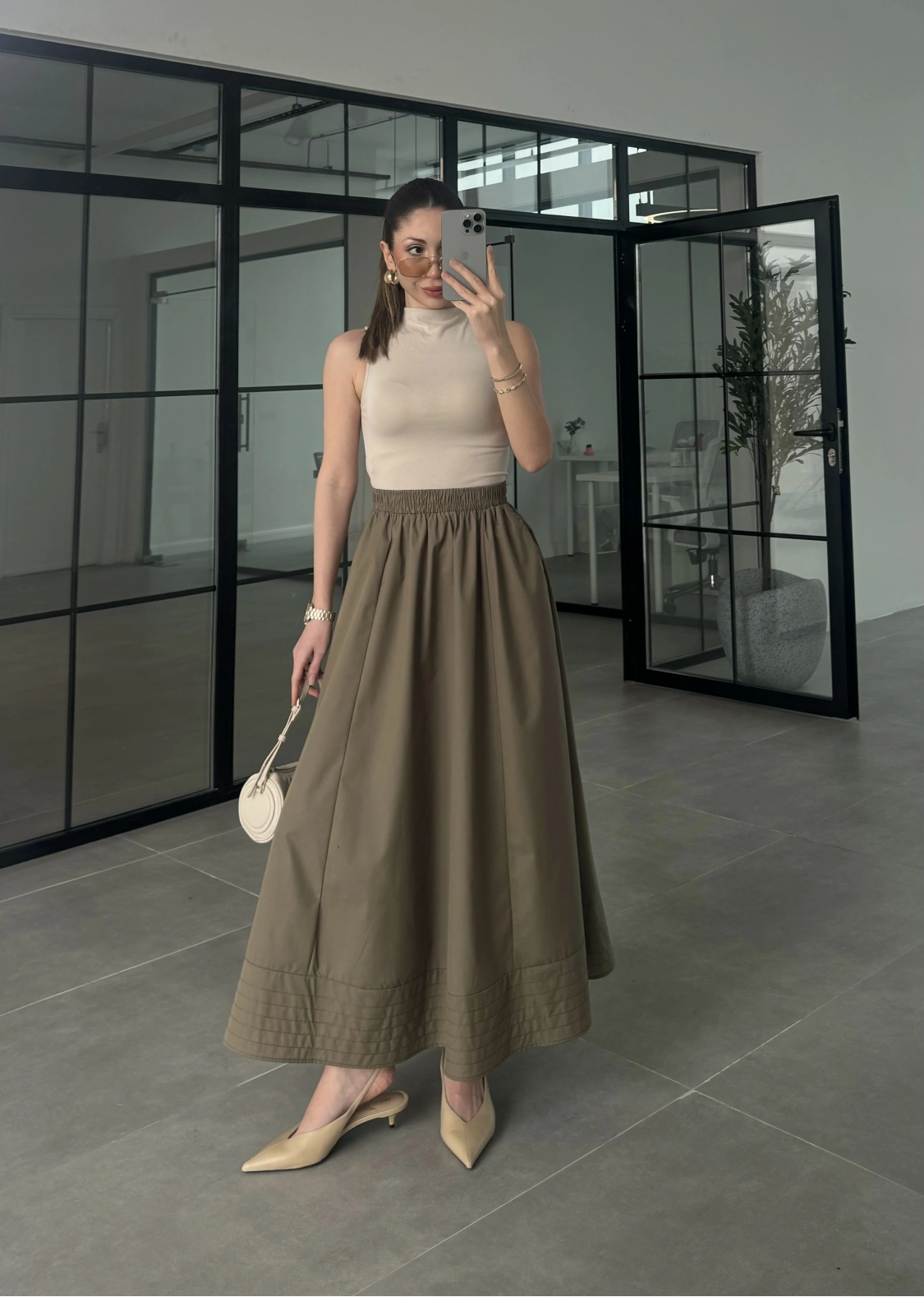 Poplin Kumaş Cepli Haki Etek