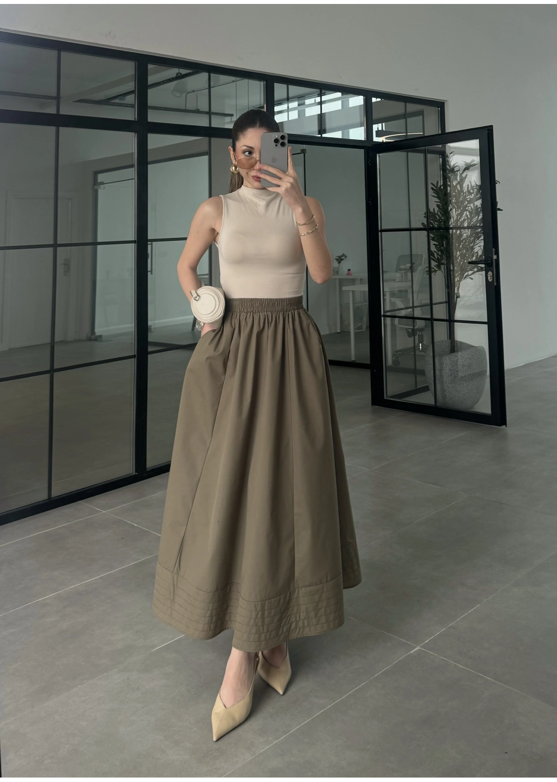 Poplin Kumaş Cepli Haki Etek