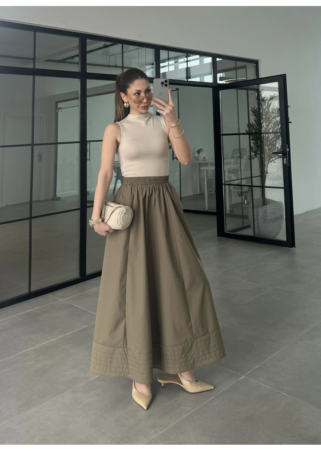 Poplin Kumaş Cepli Haki Etek