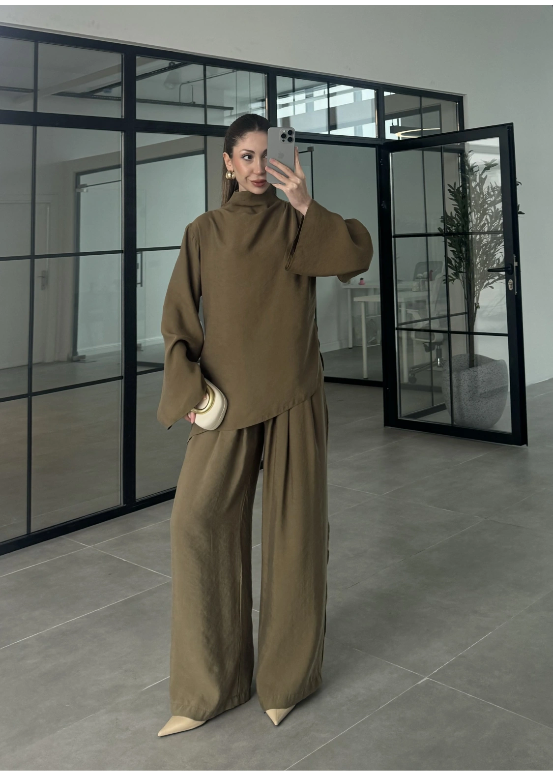 Asimetrik Kesim Marve Premium Haki Takım