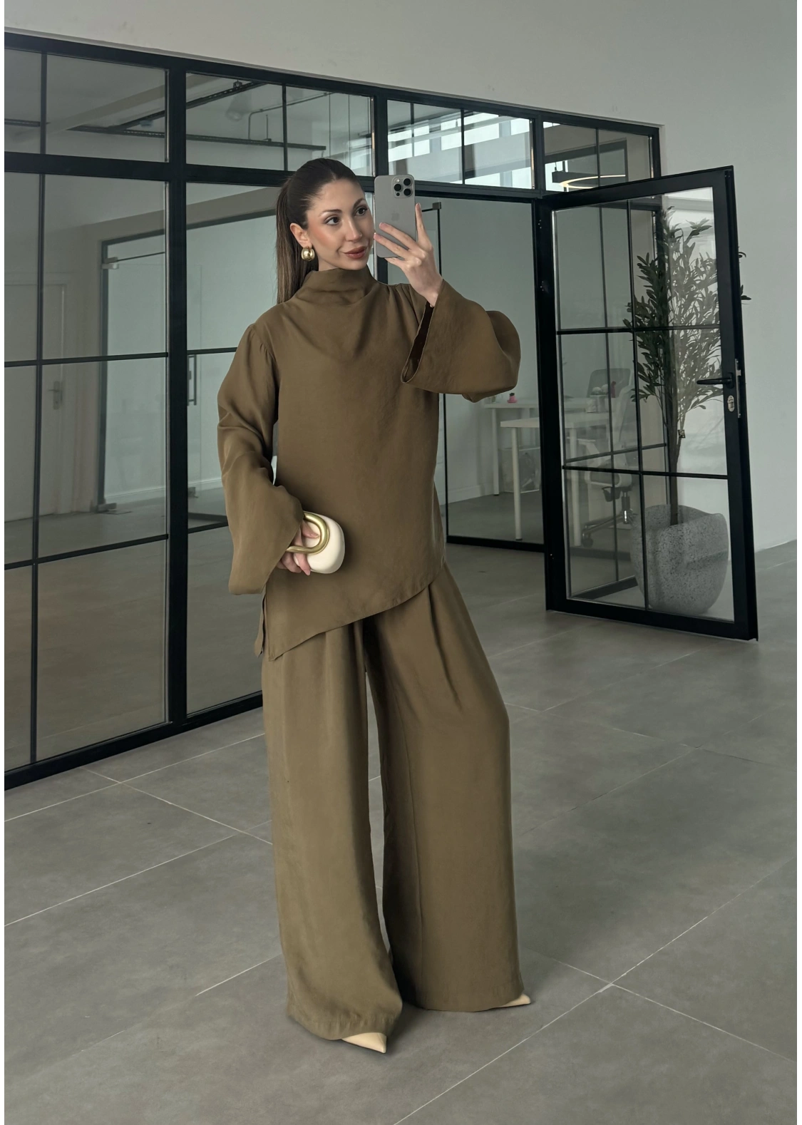 Asimetrik Kesim Marve Premium Haki Takım