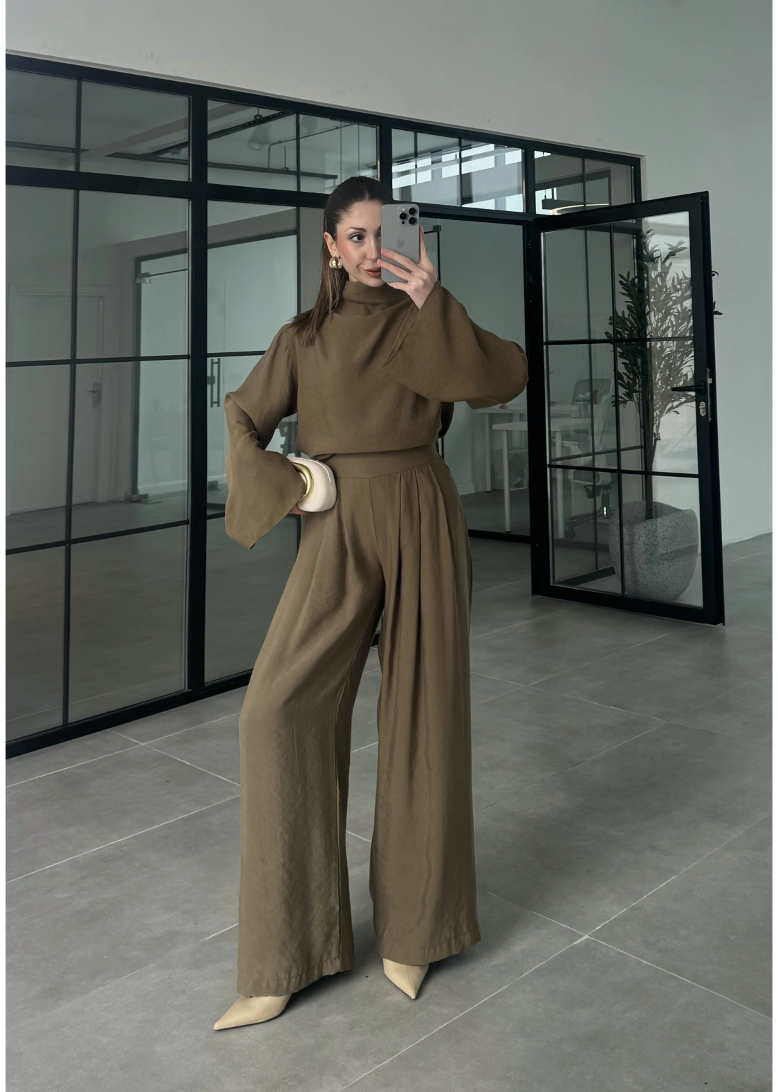 Asimetrik Kesim Marve Premium Haki Takım