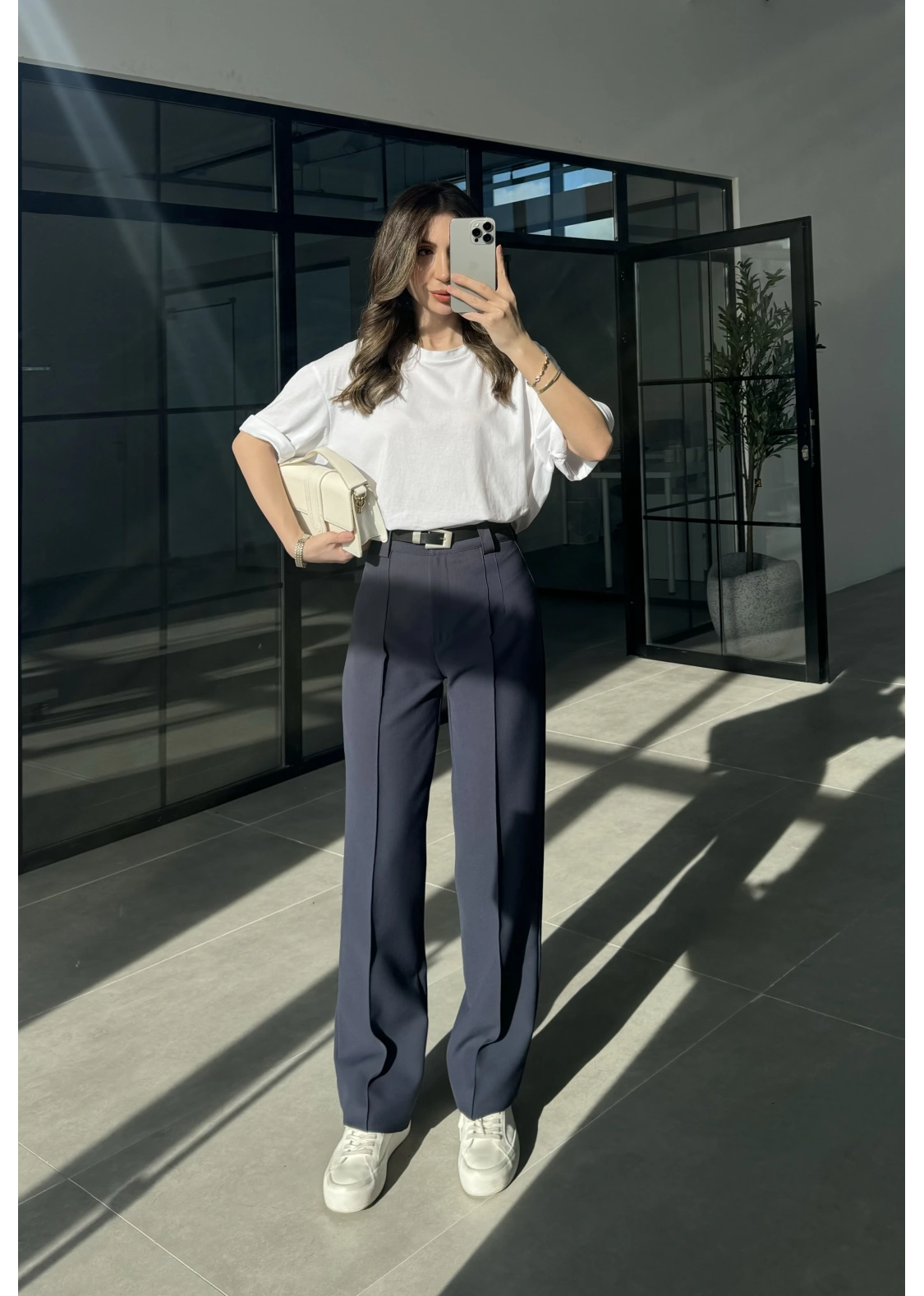 Pensli Nervür Dikişli Yüksekbel Lacivert Kumaş Pantolon